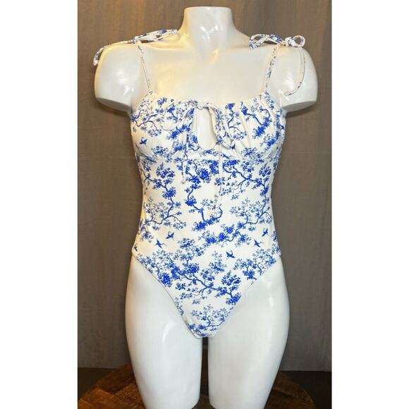 Berlook bird Toile One Piece Swimsuit Women Small White Blue Cottage Core retro - Picture 1 of 12